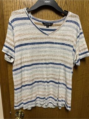 Blue, Tan & Cream Striped V-Neck Short Sleeve Linen Top